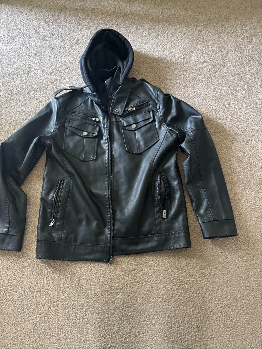 Men's Black Faux Leather Hooded Bomber Jacket with Utility Pockets